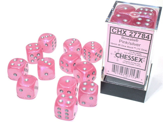 CHESSEX 16mm D6 DICE BLOCK (12 DICE) - BOREALIS PINK WITH SILVER