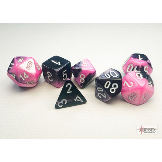 CHESSEX MINI 7 DIE POLYHEDRAL DICE SET: BLACK - PINK/WHITE