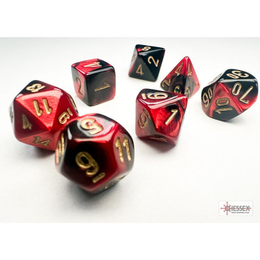CHESSEX MINI 7 DIE POLYHEDRAL DICE SET: BLACK - RED/GOLD