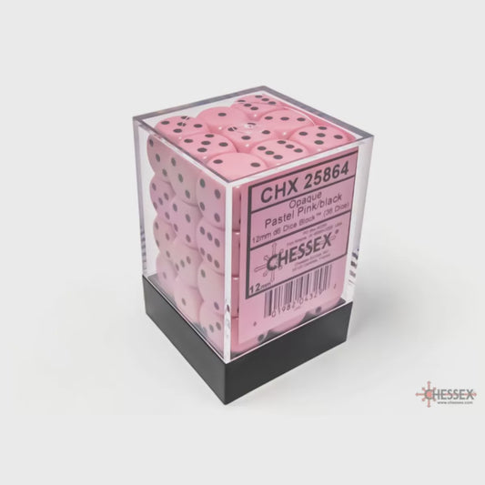 CHESSEX 12mm D6 DICE BLOCK (36 DICE) OPAQUE PATSTEL PINK/BLACK
