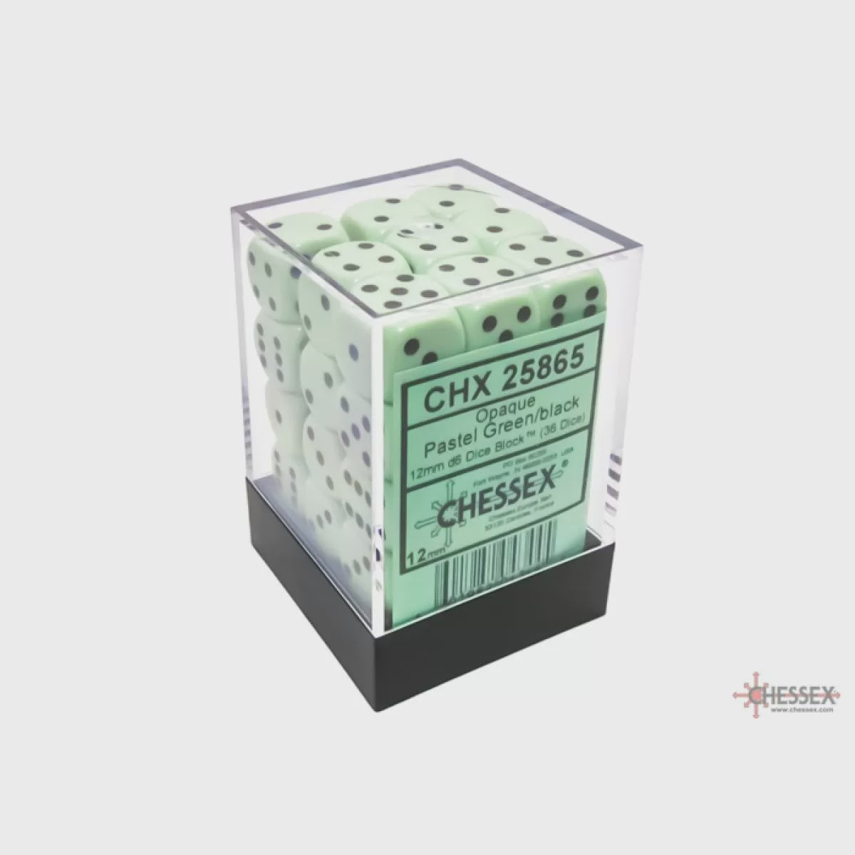 CHESSEX 12mm D6 DICE BLOCK (36 DICE) OPAQUE PATSTEL GREEN/BLACK