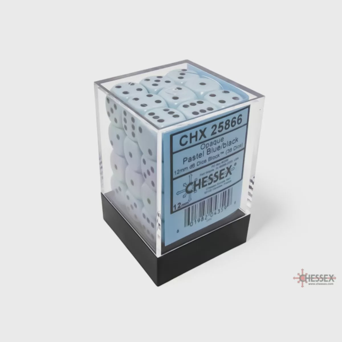 CHESSEX 12mm D6 DICE BLOCK (36 DICE) OPAQUE PATSTEL BLUE/BLACK