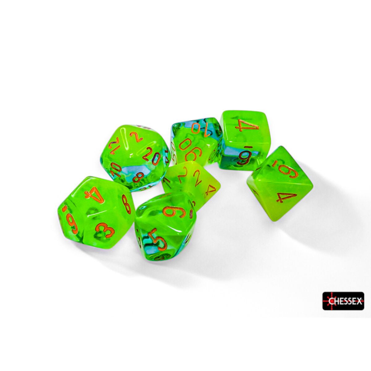 CHESSEX 7 DIE POLYHEDRAL DICE SET: GEMINI PLASMA GREEN-TEAL/ORANGE LUMINARY