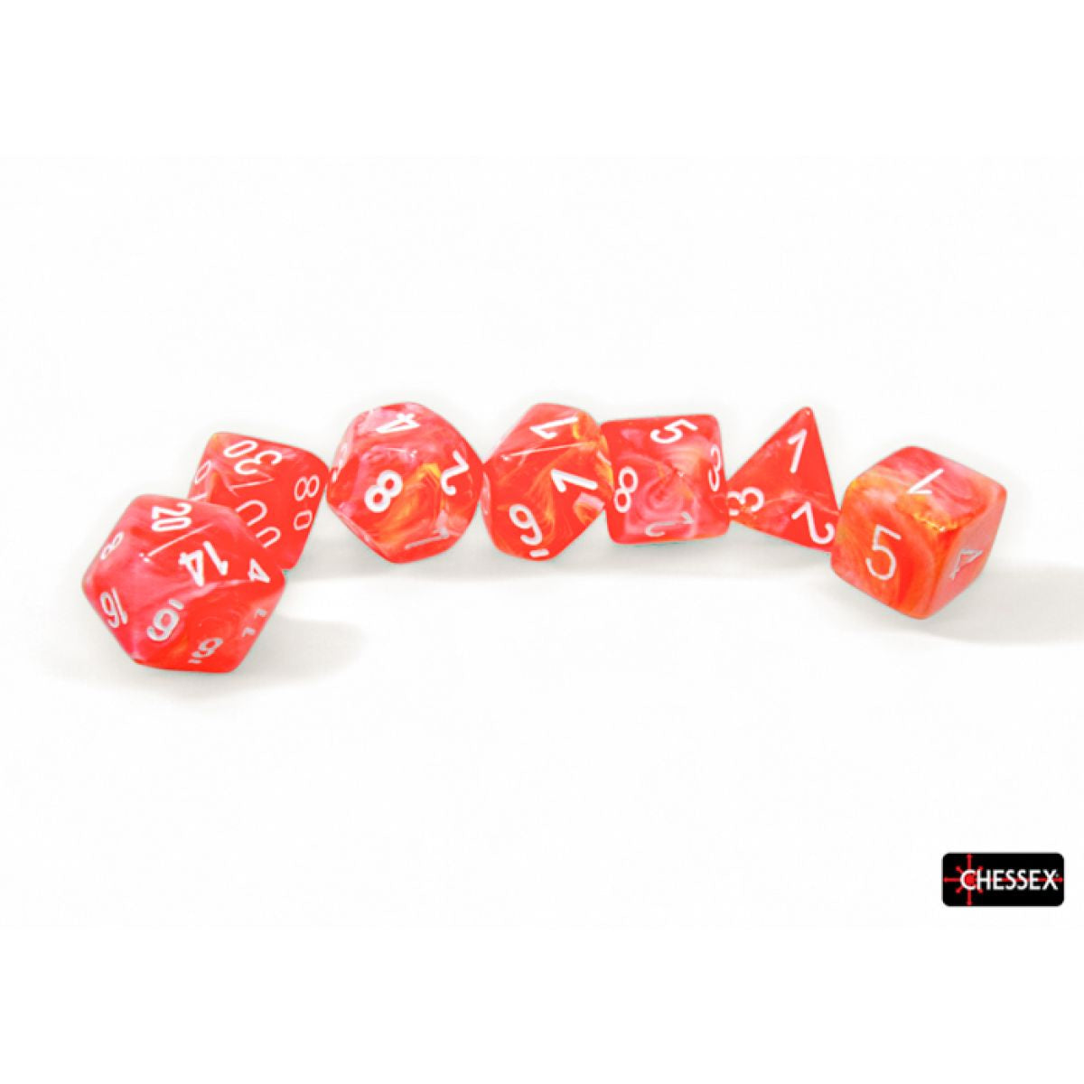 CHESSEX 7 DIE POLYHEDRAL DICE SET: FESTIVE DAHLIA/WHITE LUMINARY