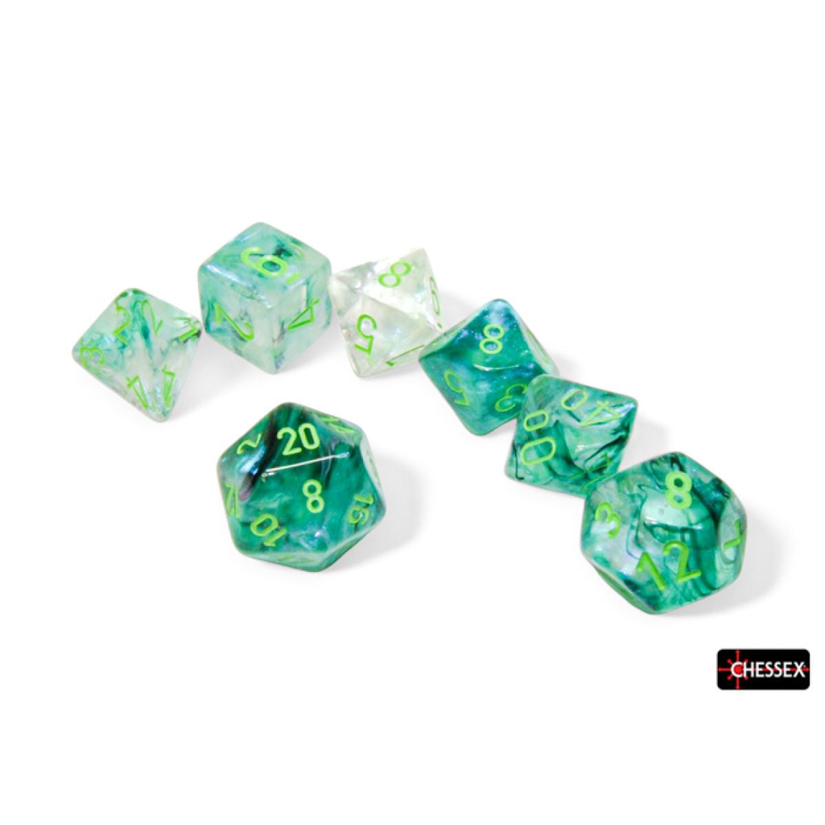 CHESSEX 7 DIE POLYHEDRAL DICE SET: BOREALIS KELP/LIGHT GREEN LUMINARY