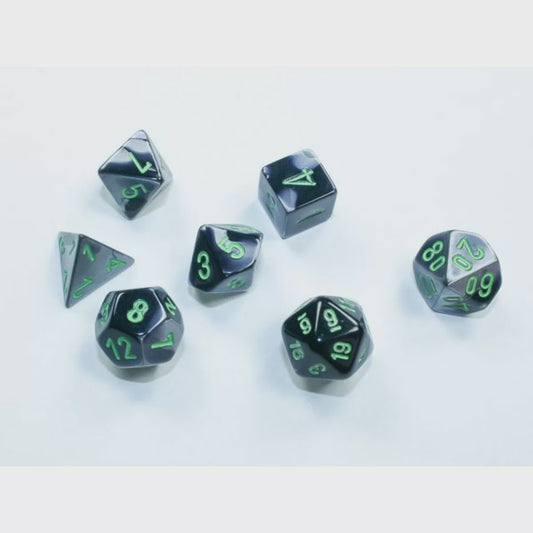 CHESSEX MINI 7 DIE POLYHEDRAL DICE SET: BLACK - GREY/GREEN