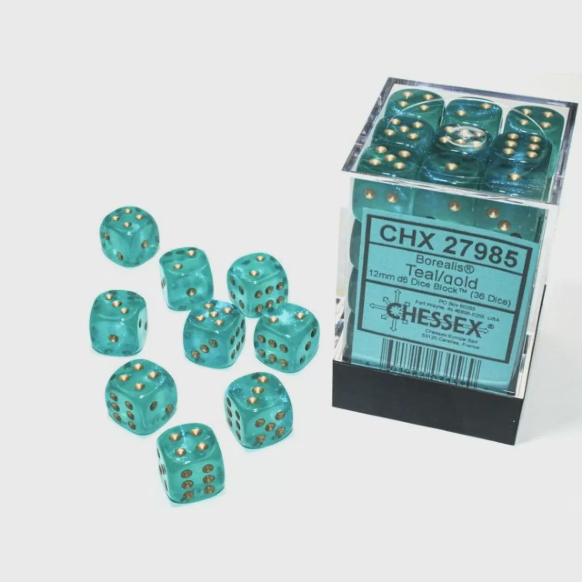 HESSEX 12mm D6 DICE BLOCK (36 DICE) BOREALIS TEAL/GOLD