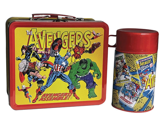 TIN TITANS AVENGERS ASSEMBLE LUNCH BOX WITH BEVERAGE CONTAINER