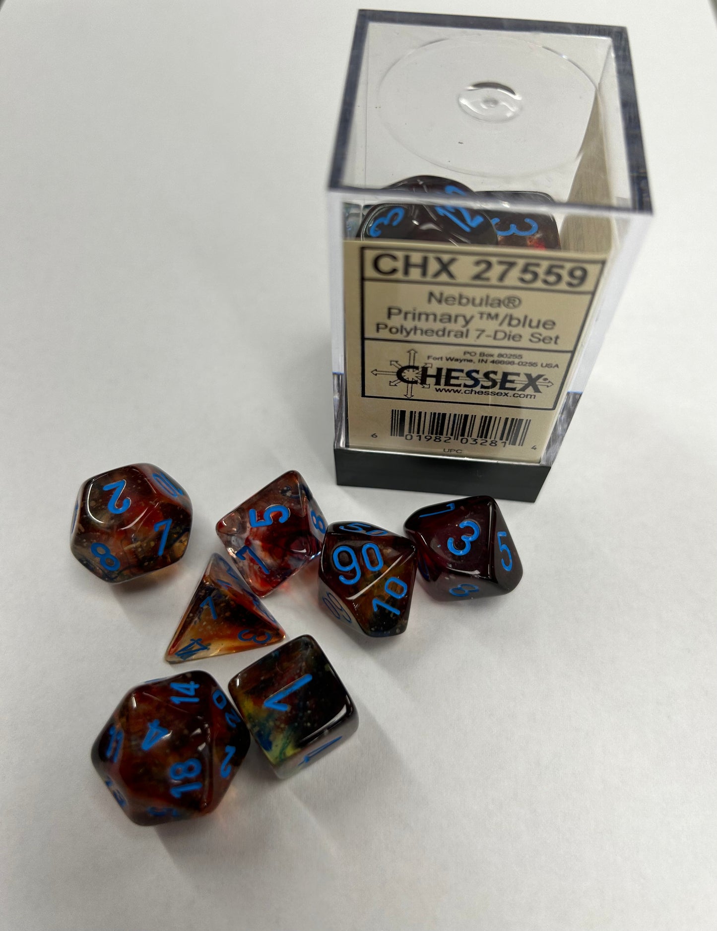 CHESSEX 7 DIE POLYHEDRAL DICE SET: NEBULA PRIMARY/BLUE LUMINARY