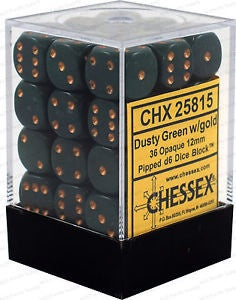 CHESSEX 12mm D6 DICE BLOCK (36 DICE) OPAQUE DUSTY GREEN WITH GOLD
