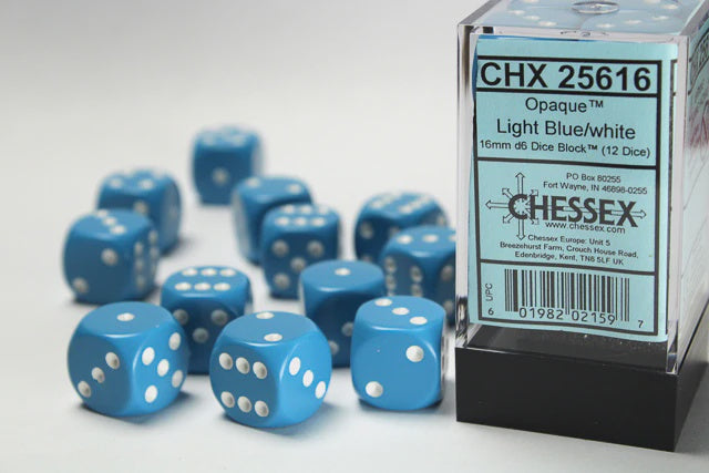 CHESSEX 16mm D6 DICE BLOCK (12 DICE) LIGHT BLUE/WHITE