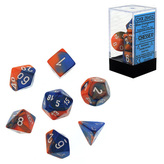 CHESSEX 7 DIE POLYHEDRAL DICE SET: GEMINI BLUE ORANGE WITH WHITE