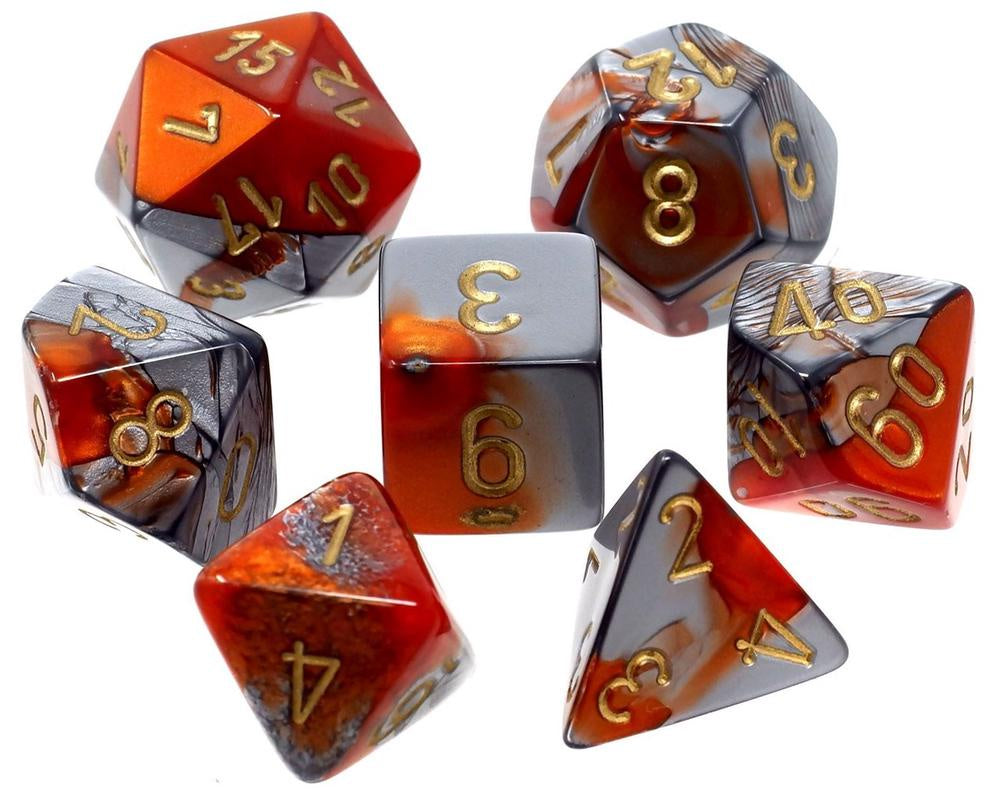 CHESSEX 7 DIE POLYHEDRAL DICE SET: GEMINI ORANGE STEEL WITH GOLD
