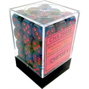 CHESSEX 12mm D6 DICE BLOCK (36 DICE) GEMINI BLACK/STARLIGHT WITH RED