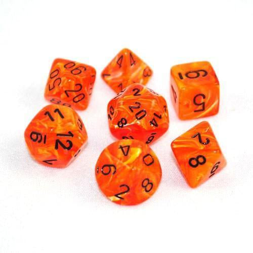 CHESSEX 7 DIE POLYHEDRAL DICE SET: VORTEX SOLAR ORANGE WITH BLACK