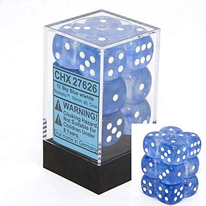 CHESSEX 16mm D6 DICE BLOCK (12 DICE) BOREALIS SKY BLUE/WHITE