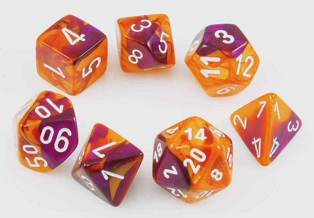 CHESSEX 7 DIE POLYHEDRAL DICE SET: LAB DICE GEMINI ORANGE-PURPLE WITH WHITE