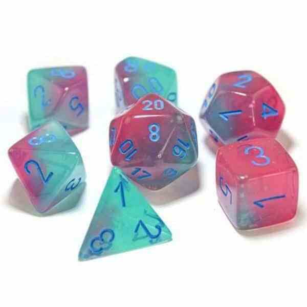 CHESSEX 7 DIE POLYHEDRAL DICE SET: LAB DICE GEMINI GEL GREEN-PINK WITH BLUE (GLOW IN THE DARK)