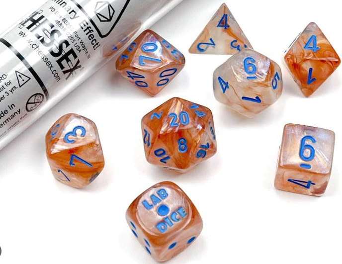 CHESSEX 7 DIE POLYHEDRAL DICE SET: Lab Dice Borealis Polyhedral Rose Gold/Light Blue