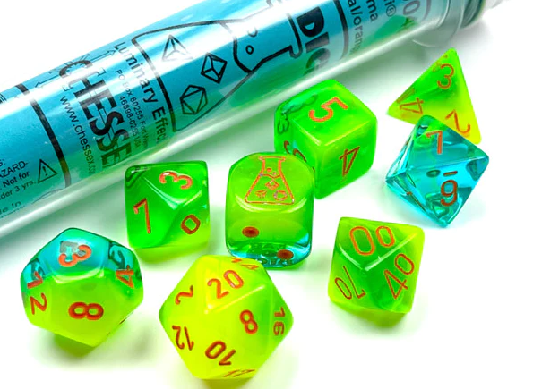 CHESSEX 7 DIE POLYHEDRAL DICE SET: LAB DICE Gemini Plasma Green-Teal/Orange