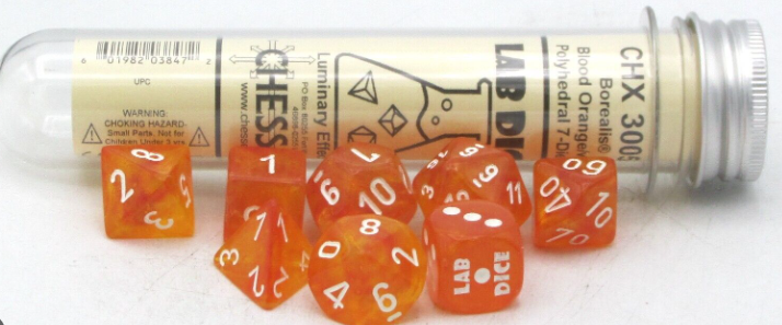 CHESSEX 7 DIE POLYHEDRAL DICE SET: LAB DICE Borealis Blood Orange/White
