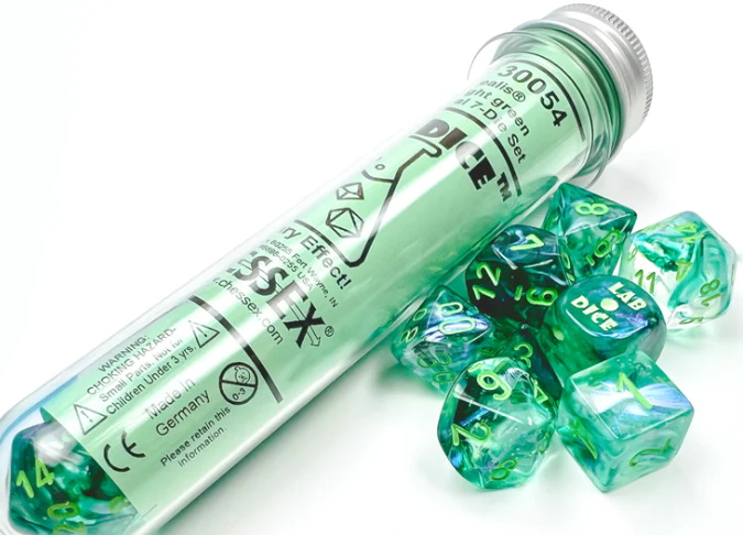 CHESSEX 7 DIE POLYHEDRAL DICE SET: LAB DICE Borealis Kelp/Light Green