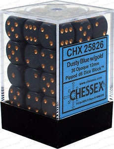 CHESSEX 12mm D6 DICE BLOCK (36 DICE) OPAQUE DUSTY BLUE WITH GOLD