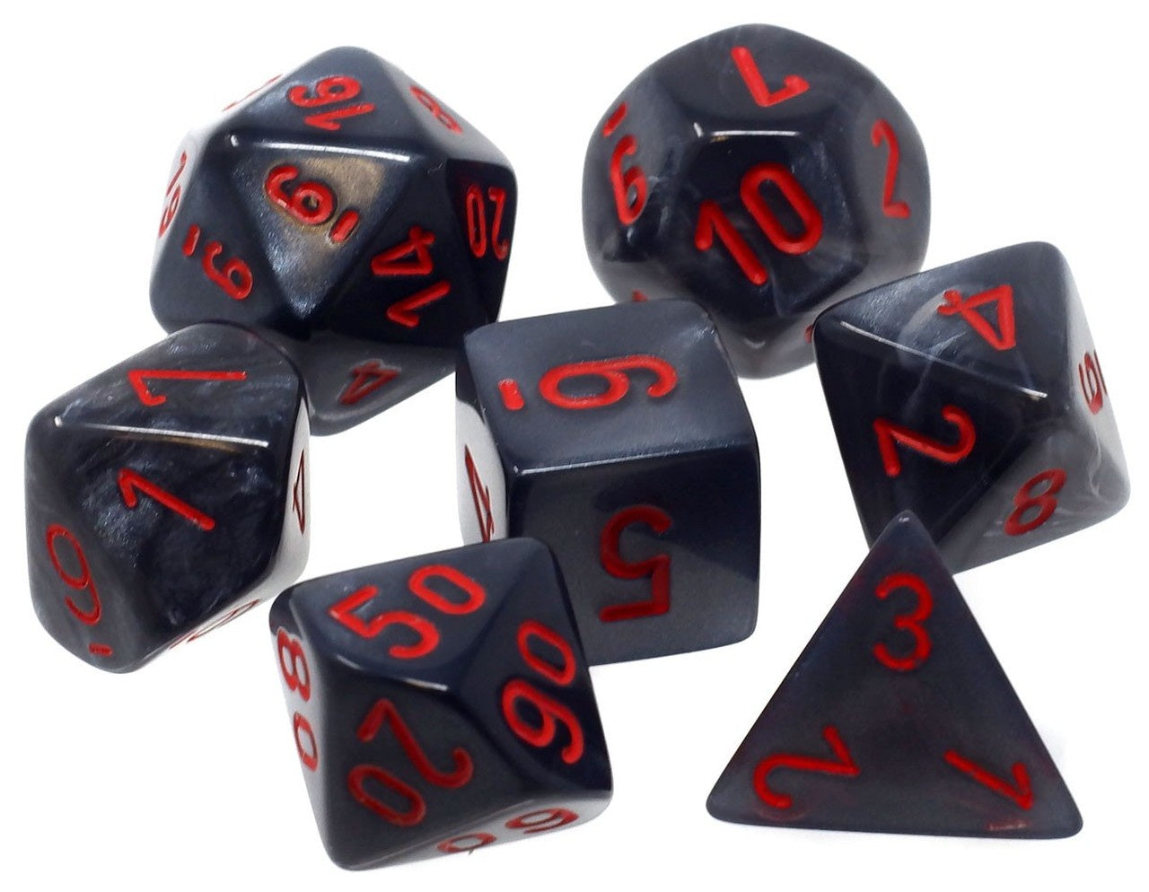 CHESSEX 7 DIE POLYHEDRAL DICE SET: VELVET BLACK WITH RED