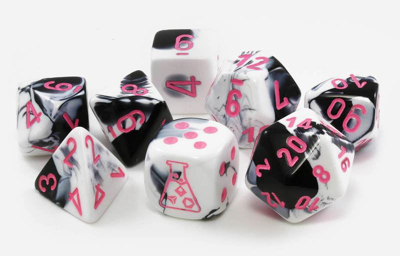 CHESSEX 7 DIE POLYHEDRAL DICE SET: LAB DICE GEMINI BLACK-WHITE WITH PINK