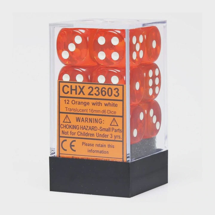 CHESSEX 16mm D6 DICE BLOCK (12 DICE) TRANSLUCENT ORANGE WITH WHITE