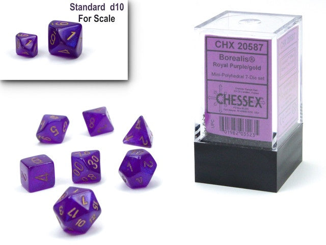 CHESSEX MINI 7 DIE POLYHEDRAL DICE SET: BOREALIS ROYAL PURPLE/GOLD