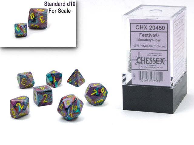 CHESSEX MINI 7 DIE POLYHEDRAL DICE SET: FESTIVE MOSAIC/YELLOW