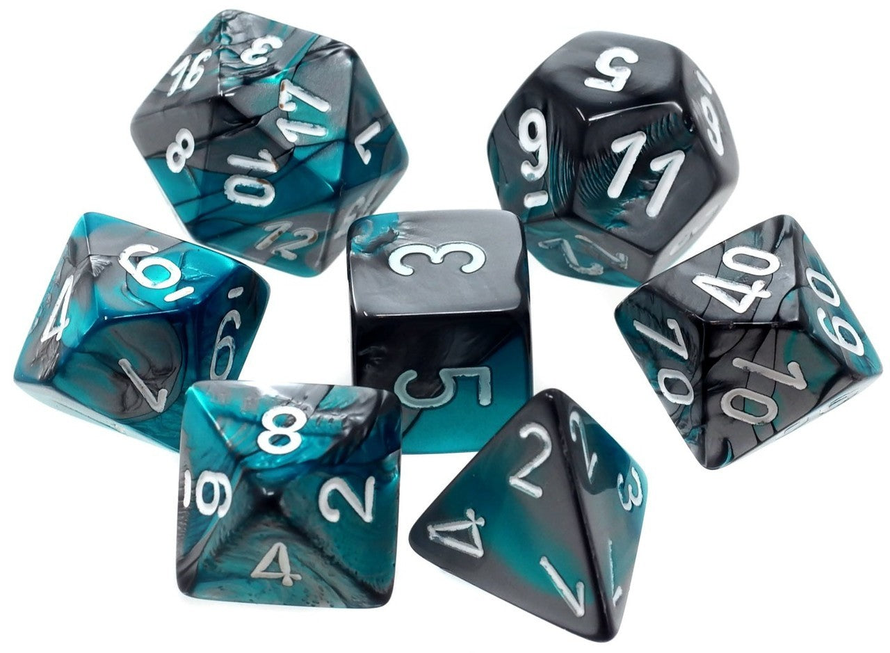 CHESSEX 7 DIE POLYHEDRAL DICE SET: GEMINI STEEL-TEAL WITH WHITE