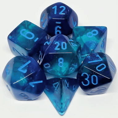 CHESSEX 7 DIE POLYHEDRAL DICE SET: GEMINI BLUE WITH LIGHT BLUE (GLOW IN THE DARK)