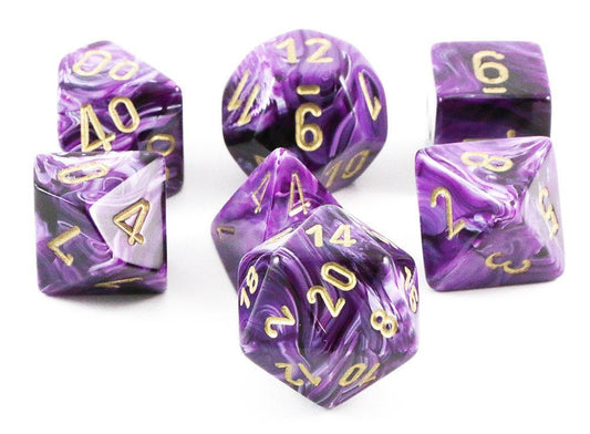 CHESSEX 7 DIE POLYHEDRAL DICE SET: VORTEX PURPLE WITH GOLD