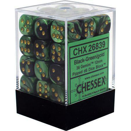 GEMINI 12mm D6 DICE SET BLACK GREEN-GOLD