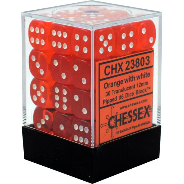 CHESSEX 12mm D6 DICE BLOCK (36 DICE) TRANSLUCENT ORANGE WITH WHITE