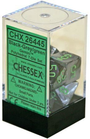 CHESSEX 7 DIE POLYHEDRAL DICE SET: GEMINI BLACK - GREY/GREEN