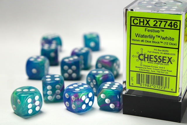 CHESSEX 16mm D6 DICE BLOCK (12 DICE) - FESTIVE WATERLILY/WHITE