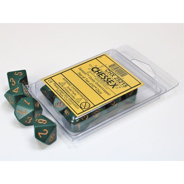 CHESSEX SET OF 10 d10 DICE:  OPAQUE DUSTY GREEN/COPPER