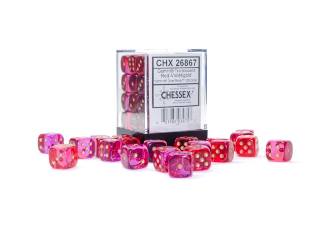 CHESSEX 12mm D6 DICE BLOCK (36 DICE) GEMINI TRANSLUCENT RED VIOLET WITH GOLD