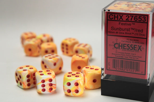 CHESSEX 16mm D6 DICE BLOCK (12 DICE) - FESTIVE SUNBURST WITH RED