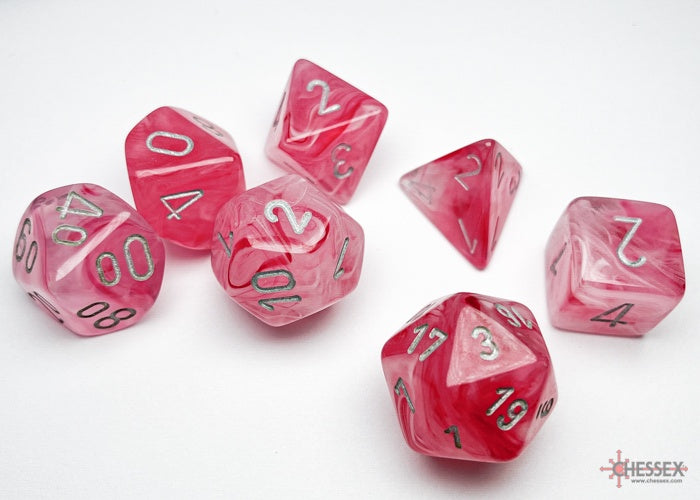 CHESSEX 7 DIE POLYHEDRAL DICE SET:  GHOSTLY GLOW PINK WITH SILVER