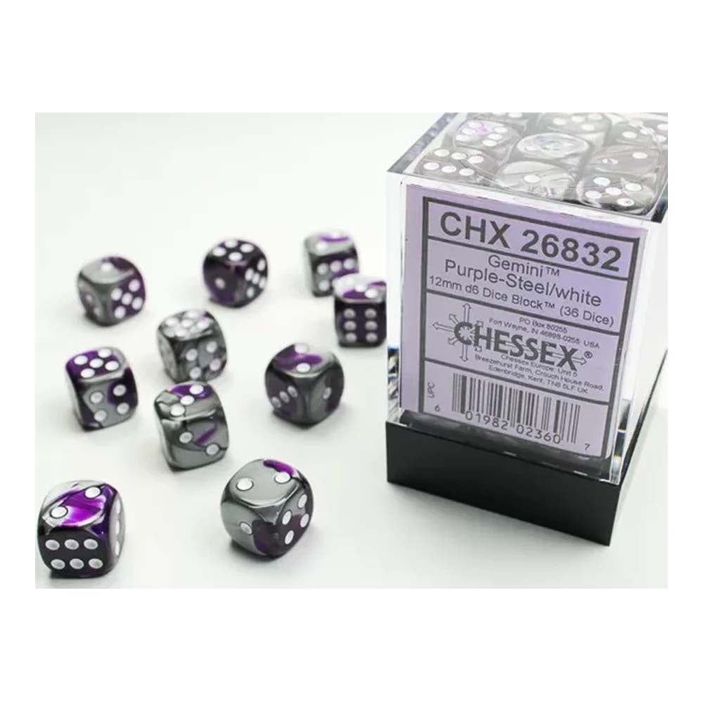 CHESSEX 12mm D6 DICE BLOCK (36 DICE) GEMINI PURPLE-STEEL WITH WHITE