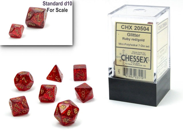 CHESSEX MINI 7 DIE POLYHEDRAL DICE SET: GLITTER RUBY RED/GOLD