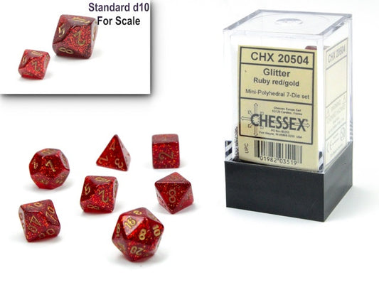 CHESSEX MINI 7 DIE POLYHEDRAL DICE SET: GLITTER RUBY RED/GOLD