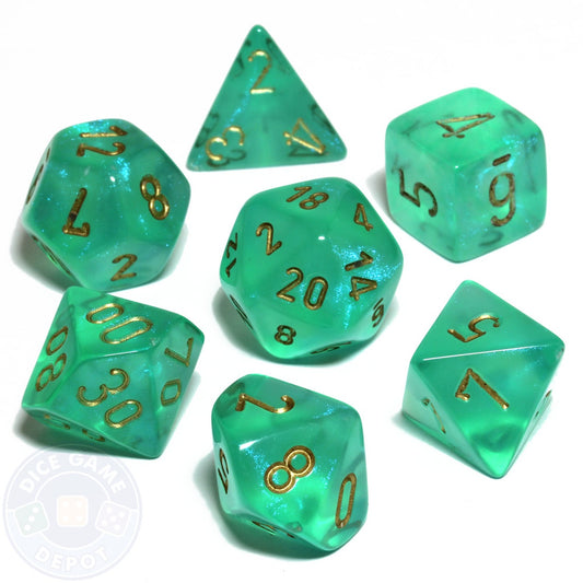 CHESSEX 7 DIE POLYHEDRAL DICE SET: BOREALIS LIGHT GREEN WITH GOLD