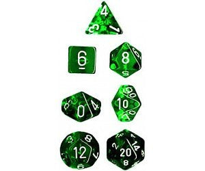 CHESSEX 7 DIE POLYHEDRAL DICE SET: TRANSLUCENT GREEN WITH WHITE
