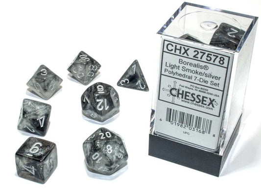 CHESSEX 7 DIE POLYHEDRAL DICE SET: BOREALIS LIGHT SMOKE WITH SILVER