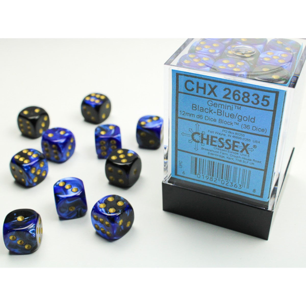 CHESSEX 12mm D6 DICE BLOCK (36 DICE) GEMINI BLACK/BLUE WITH GOLD